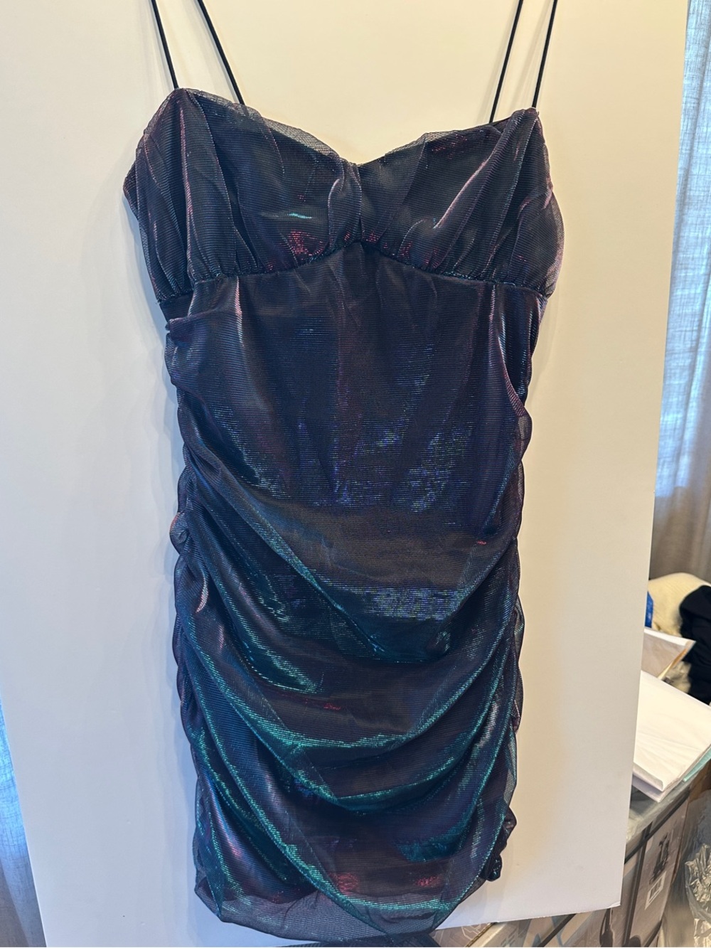 Lulu's Iridescent Black & Teal Ruched Spaghetti-Strap Mini Dress